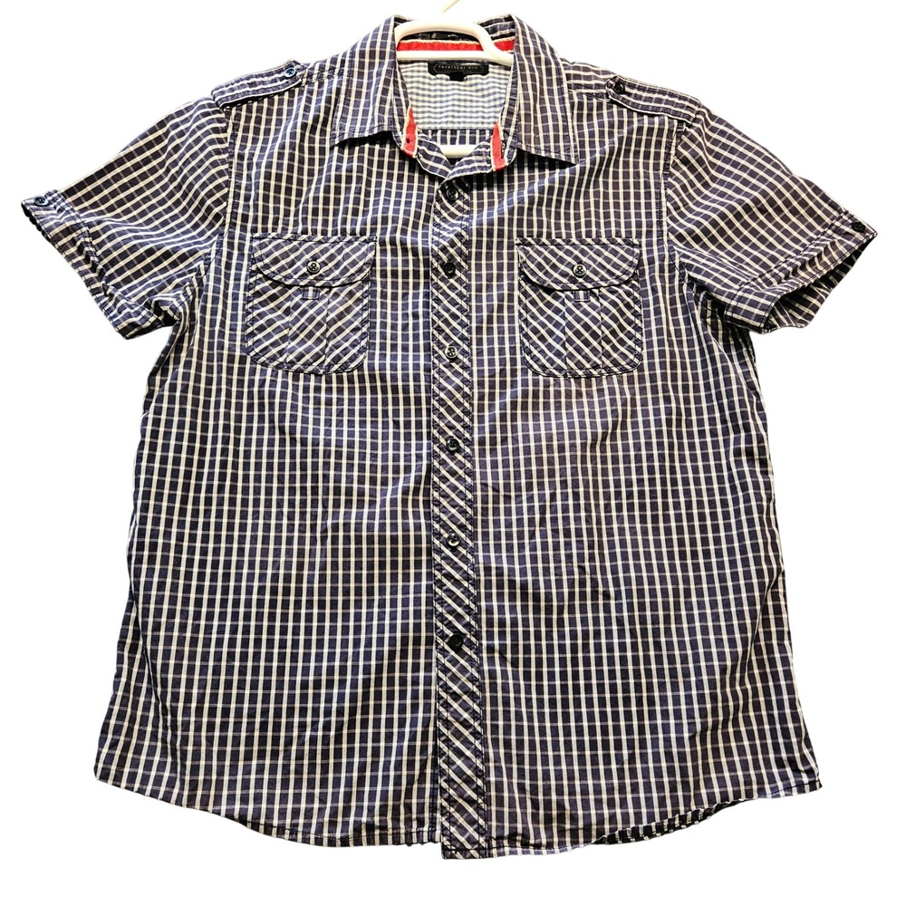 Twenty‎ One Men Navy Blue Gingham Short Sleeve Button Up Shirt Mens Medium